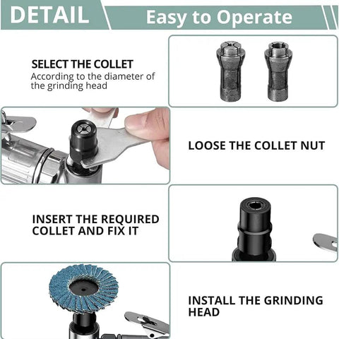 Easy operation guide for Tough 90 Degree Angle Air Die Grinder with parts and steps for collet installation.