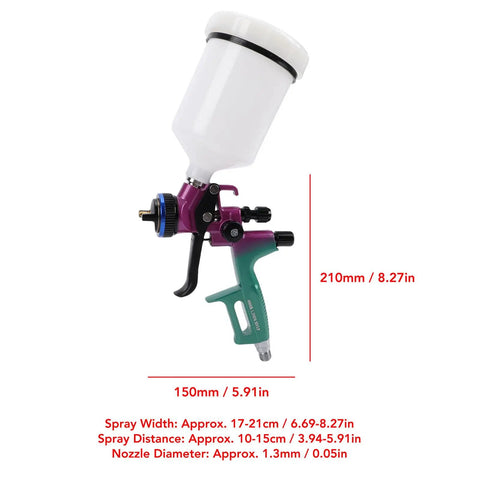 Straight Up Pro HVLP Spray Gun With Six Hundred Ml Cup And One Point Three Mm Nozzle For Dang Smooth Art Furniture Paint Projects And Zero Overspray Hassle Daily, showing dimensions and design features.
