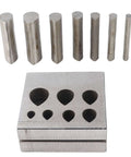 Punch Die Disc Cutter Set For DIY Jewelry Making with seven drop-shaped dies, flat bottom, 45 steel, top view of tool and dies.