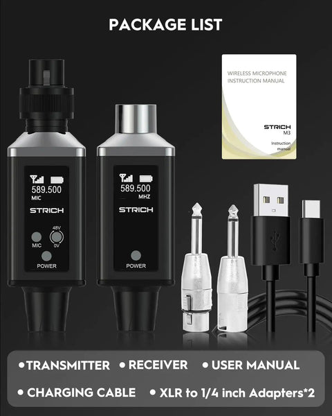 M3 UHF Wireless Microphone System with XLR Transmitter and Receiver, 16 Channels, package contents including adapters and cables