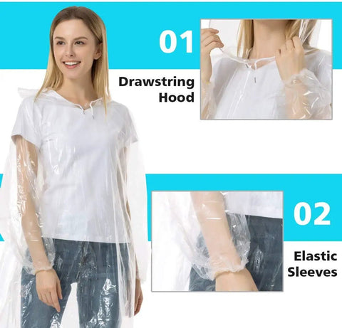 Disposable Rain Ponchos For Adults, 5 Pack Clear Hooded Ponchos showing drawstring hood and elastic sleeves detail
