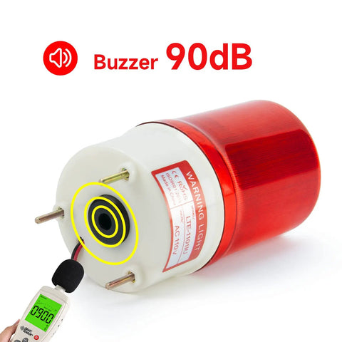 Heavy Duty Rotating Warning Light With Punchy 90Db Buzzer Red Industrial Beacon Alarm For Real Jobsites And Rig Gear 110V Ac Revolving Siren Flasher With Bolt Down Mount close-up of the buzzer showing sound measurement.