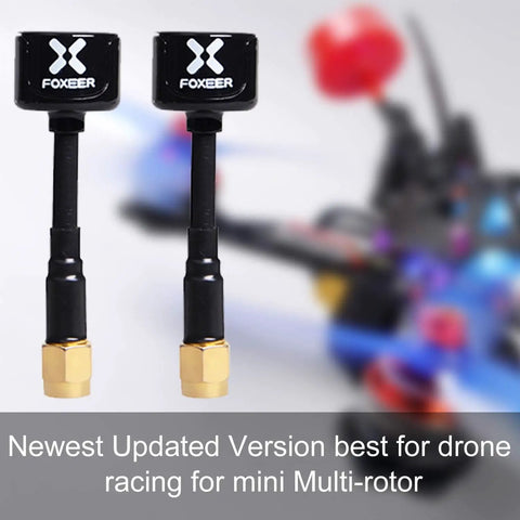 Two Pack Lollipop 4 FPV Antennas for 5.8GHz RHCP Updated Version with 2.6 dBi Gain SMA Connectors shown with drone mount