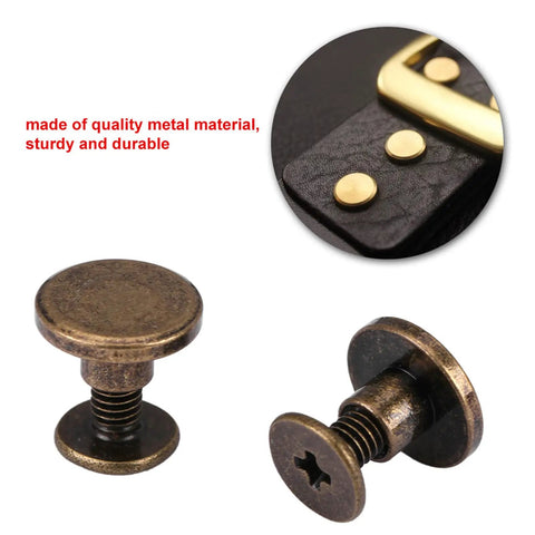 Premium Flat Head Brass Rivets And Copper Hardware Screws 20 Piece 5Mm Set for heavy-duty leather crafting, showing sturdy metal fasteners.