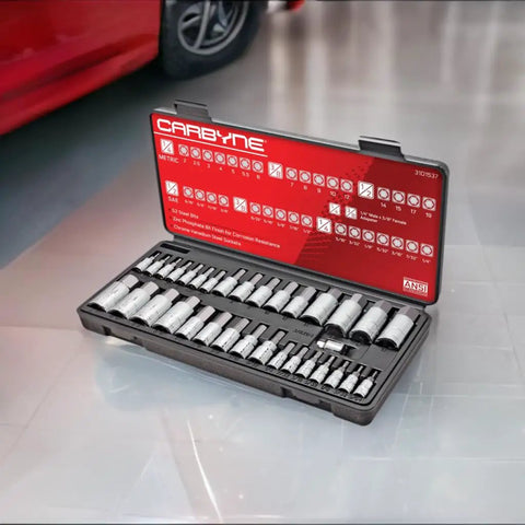 33 Piece Hex Socket Master Set For SAE And Metric Allen Bits In Quarter Inch, Three Eighth Inch, And Half Inch Drives