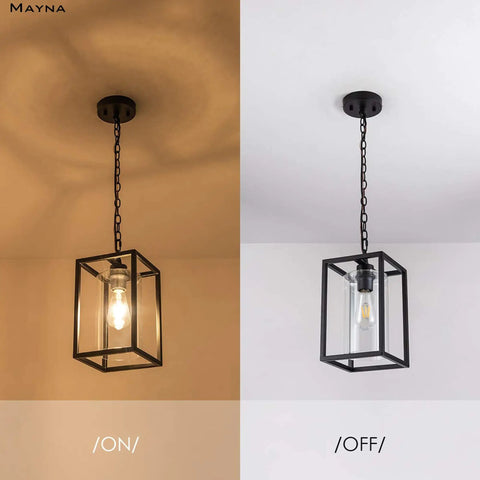One Light Farmhouse Pendant Light With Black Metal Cage And Glass Shade, Adjustable Chain, on and off view