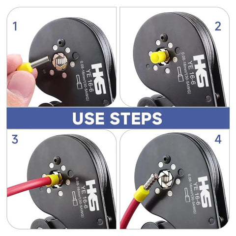 Step-by-step guide using Ferrule Crimping Tool for AWG 30 to 5 wire ends with self-adjusting ratchet and hexagonal crimp surface.