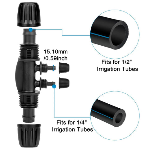 20Pcs 4-Way Barbed Tee Drip Irrigation Fittings Set For 1/2 Inch To 1/4 Inch Tubing, diagram showing compatibility with tubing sizes.