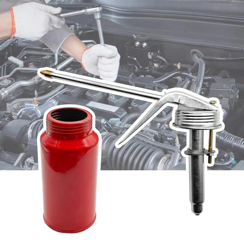 Grease Monkey Approved Manual Pump Oil Can And Oiler Gun Two Pack with red metal oil can and dripless spout for car maintenance.