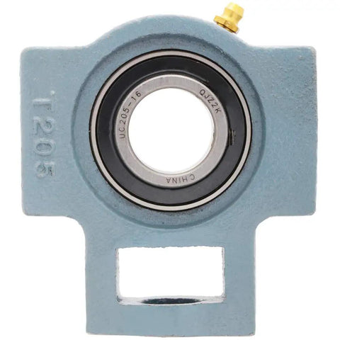 Front view of Two Pack Mounted Unit Bearing Take Up Assembly with Cast Iron Housing T205 and UC20516 Insert Bearing 1 Inch Shaft.