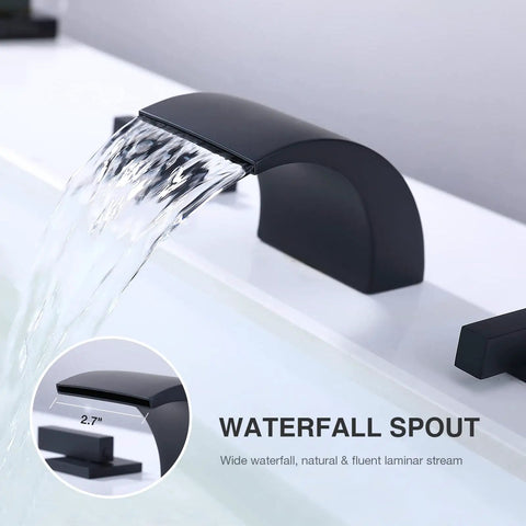 Low Arc 8 Inch Widespread Matte Black Bathroom Faucet With 3 Hole Brass Wide Spout Waterfall Style showing waterfall flow