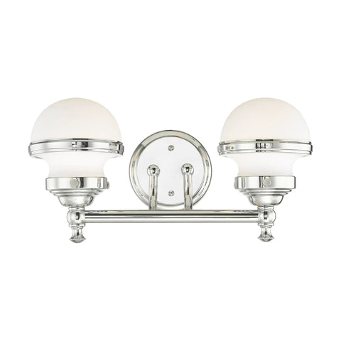Transitional Two Light Bath Vanity Fixture from Oldwick Collection in polished chrome finish with opal glass, front view.