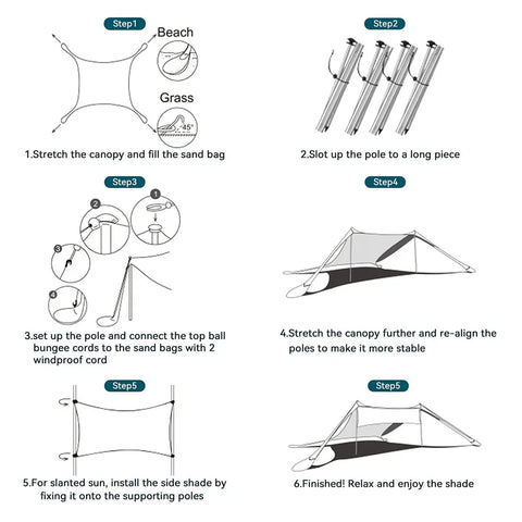 Step-by-step setup guide for Portable Beach Tent Sun Shelter 7x7ft Shade Canopy UPF50 Sandbags Included For Easy Setup Family Camping Fishing Picnics And Backyard Fun Wind Resistant Beach Shade For Outdoor Adventures