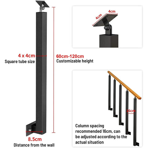 Solid Black Wrought Iron Railing Spindle Posts With Adjustable 270 Degree Side Mount Brackets For Deck And Stair Makeovers with customizable height.