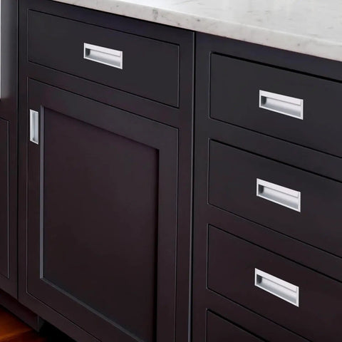 Concealed Cabinet Pulls Two Pack 96mm Center Distance Silver Aluminum Recessed Handles on dark wood kitchen cabinets