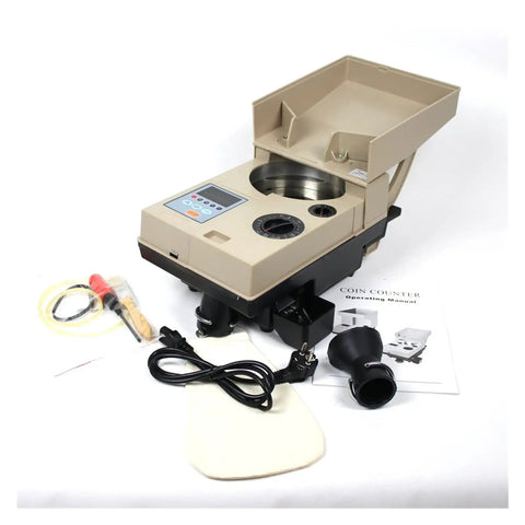 Automatic Coin Sorting Machine And Electronic Currency Counter with operating manual, power cord, and accessories on white background.