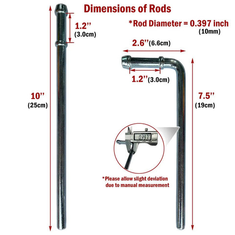 Universal Muffler Hanger Kit 16 Piece With 10mm Weld On Rods showing rod dimensions and measurement details.