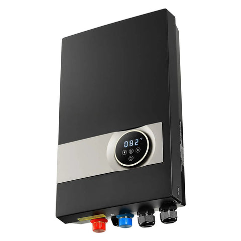 Ditch The Old Tank For This 27kW Tankless Electric Water Heater 240V Under Sink Unit With LCD Touch Screen Temp Lock Works Like A Charm For Bathroom Kitchen Or Office Spaces Sleek Black - front view with LCD display and connections