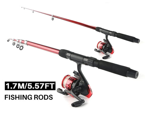 All In One Fishing Gear Kit With 2 Telescopic Poles And 2 Spinning Reels, 39 Soft Lures, 10 Hooks, 17.3 Inch Travel Bag, The Go To Starter Set For Beginners Kids Teens Anglers, Perfect Gift For Youth Fishermen - Two 1.7m red telescopic fishing rods and reels