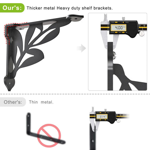 Dang Strong Eight Inch Heavy Duty Shelf Brackets Built Like A Tank Rustic Industrial Wall Mount Brackets With 300 Pound Weight Capacity Double Pack Set, thick metal design with decorative leaf pattern.