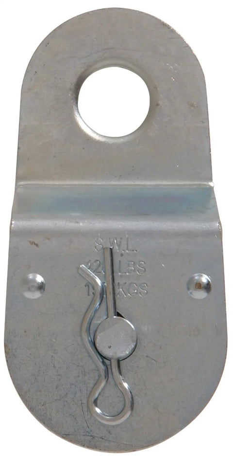 Pro Grade 1-1/2 Inch Double Sheave Fixed Pulley For 3/8 Rope Crafted From Durable Zinc Coated Steel with quick release axle rear view.