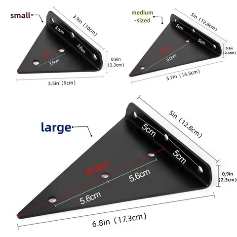 Three sizes of Five Pack Hidden Stainless Steel Shelf Brackets For White Walls Invisible Triangular Wall Mounts detailed measurements