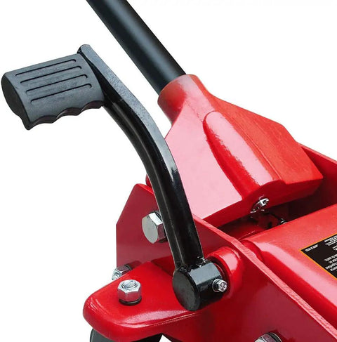 Close-up of handle on Heavy Duty Hydraulic Floor Jack With 7000 Lb Capacity, showing quick lift piston mechanism.