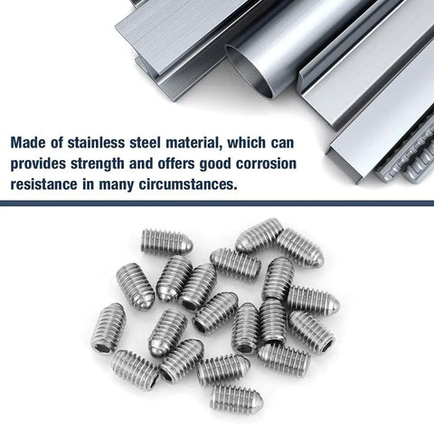 20 Piece M6 Stainless Steel Spring Ball Point Grub Screws Hex Drive Adjustable Wave Ball Plunger Stop Screw on metal background.