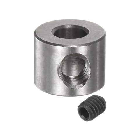 Close-up of Ten Pack 4mm Bore Shaft Collars With Set Screws Stainless 304 Steel 9mm OD 7mm Thick for shafts positioning and spacing.