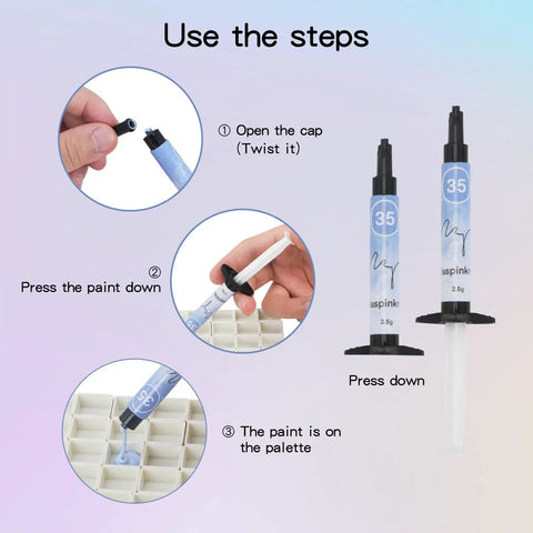 Gel Palette For Nail Art Non Wipe Painting Gel Set With 40 Colors UV LED Safe showing application steps with syringe and cubes