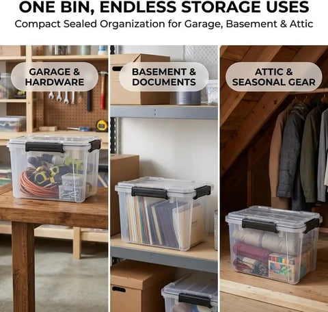 Hella Sturdy 19 Quart Stackable Storage Bin With Airtight Gasket Seal And Clear Body For Reliable Garage Basement Organization And No Sweat Seasonal Supply Hauling, showing tools in garage.