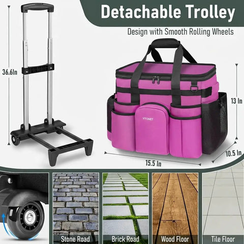 Cleaning Caddy With Wheels, Extra Large 39L Rolling Organizer Bag With Detachable Trolley next to trolley frame, pink color