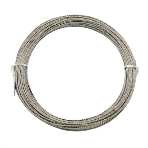Built Different 304 Stainless Steel Cable Wire Rope 100 Ft 1 16 Inch 7 X 7 Braid shown coiled for easy use in securing items.
