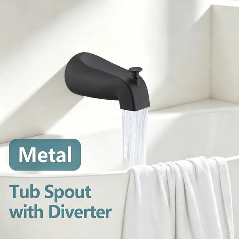High Flow Eight Inch Matte Black Rain Shower Faucet And Tub Trim Kit With Round Rain Showerhead And Handle Fits Delta 13 Series metal tub spout with diverter in black.