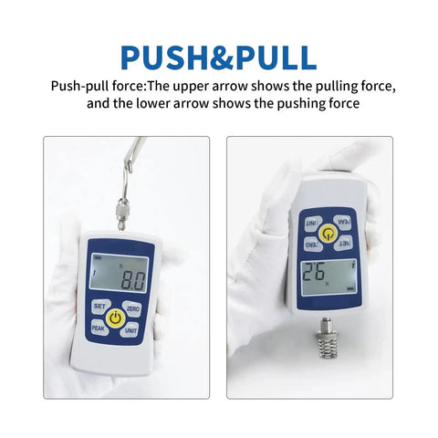 Beefy Digital Force Gauge Dynamometer For Push And Pull Testing, Ultra High Precision And Resolution, Real Time, Peak And First Peak Modes, Four Units N Kg Lb Oz, 20N Capacity, Acceleration Setting For Custom Calibration, handheld white digital gauge in push-pull use