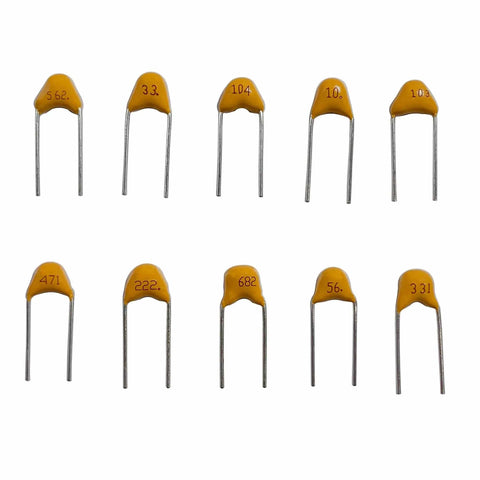 Ceramic Capacitor Assortment Kit With 32 Values, 800 Pieces, From 10pF To 10uF, 50V, Multilayer Monolithic Capacitors displayed in rows.