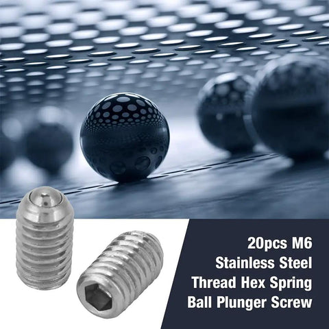 20 Piece M6 Stainless Steel Spring Ball Point Grub Screws Hex Drive Adjustable Wave Ball Plunger Stop Screw displayed with other ball plungers.