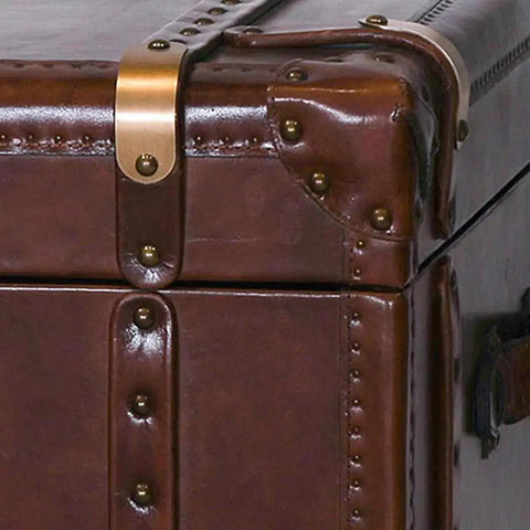 20-Piece Pack Antique Brass Upholstery Tacks Give Your Drum Sofa And Cabinets A Killer Retro Vibe Rustic Bronze Decorative Nail Pins Feature Threaded Steel Bodies To Grip Tight And Stay Put Perfect For DIY Makeovers With A Sweet Handmade Finish That, focused on antique brass upholstery tacks used on a vintage trunk.