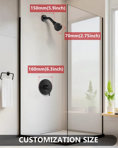 Matte Black Shower Faucet Set With Rough In Valve And Shower Head Crafted From Sus304 Stainless Steel and Solid Brass, showcased with dimensions.