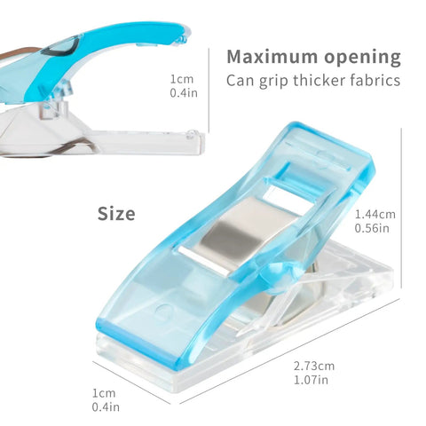 Super Handy Pack Of 100 Clear Plastic Sewing Clips, sizing details, max opening, ideal for thick fabrics.