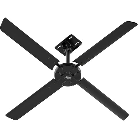 Top Tier Eight Foot Industrial Hvls Ceiling Fan Featuring Matte Black Trim And Beefed Up Direct Drive Core, viewed from below.