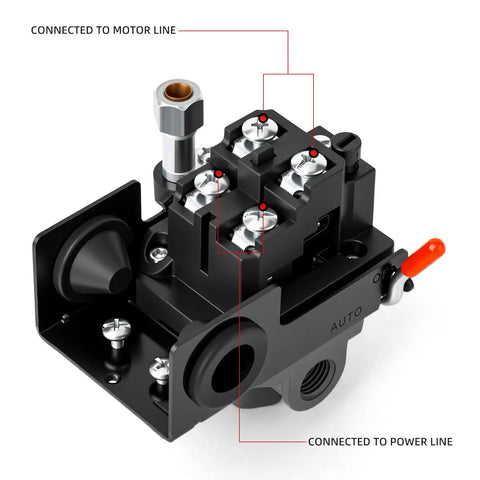 Air Compressor Pressure Switch Control Valve Kit 135-175 PSI 110V-240V 4-Way Replacement showing connection points.