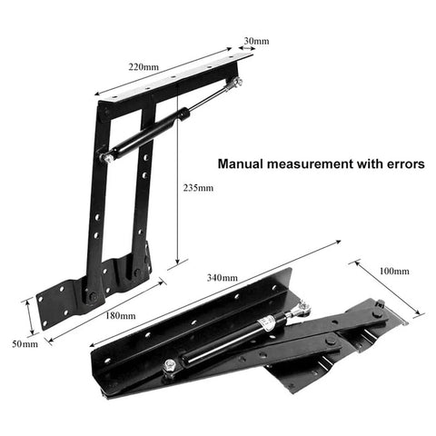 Heavy-duty hydraulic hinge for coffee tables with dimensions.