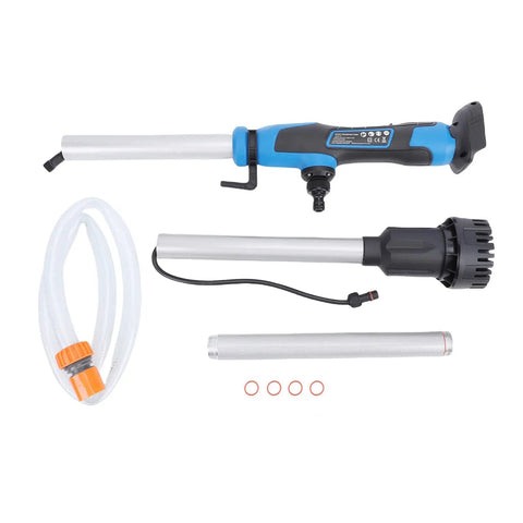No Fuss Cordless Stick Water Transfer Pump With Heavy Duty Aluminum Frame for basement flood relief, featuring pump components and hose.