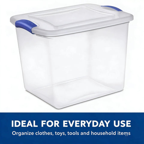 27 Quart Clear Plastic Storage Bin With Lock Down Latching Lid Stackable Organizer Tote For Home Clutter Control shown with blue handle.