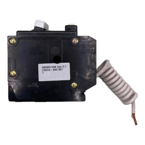GFCI Two Pole Circuit Breaker, 30 Amp, 120 240 Volt, Common Trip, Self Test, 10 KAIC, 14 4 AWG, Fits 1 Inch Spaces with coiled wire visible