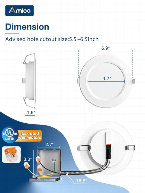 Dimensions of 12 Pack 6 Inch Ultra Thin LED Recessed Canless Wafer Downlight With Junction Box, 5 CCT, Dimmable, 1050LM, ETL listed