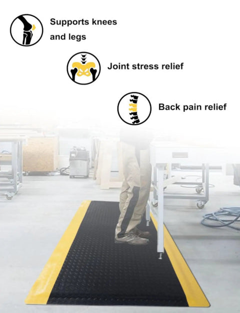 All Day Grind Ready Ergonomic Anti Fatigue Floor Mat Packs Next Level Cushioning And ESD Safe Traction Sturdy Contour Design Pure Leg Relief For Home Shops Or Counters Black 50 X 100 Cm showing support for knees and legs with joint and back pain relief.