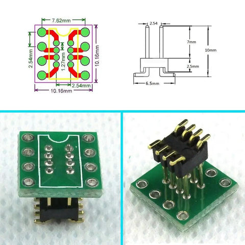 Diagram and view of DIP8 To SOP8 Adapter For SMT SOIC8 Socket 8 Pin To 8 Pin Converter PCB, showing dimensions and PCB details.