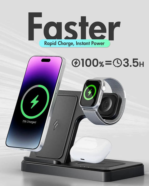 3 In 1 Wireless Charging Station For iPhone Watch And AirPods Fast Drop In Charger Stand displaying charging devices